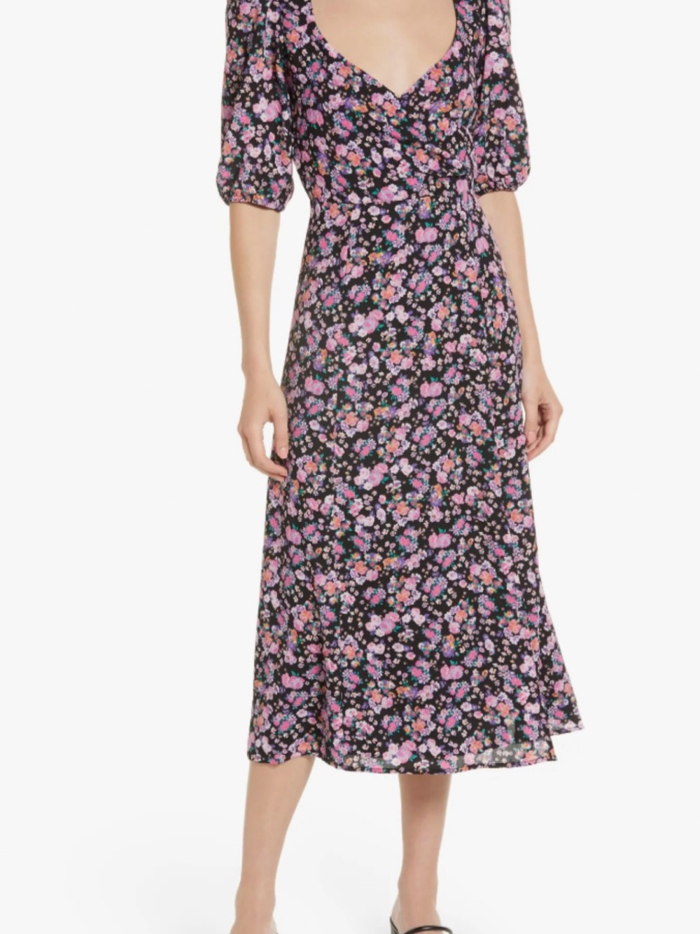 Charles Henry Black Midi Dress with Pink Floral Print